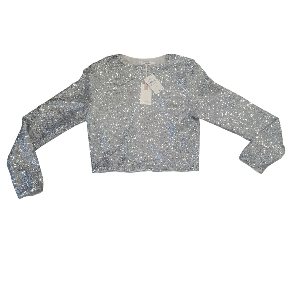 GOOD AMERICAN Metallic Silver Sequin Long Sleeve Cropped Top L